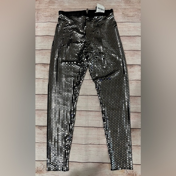 Forever Women Black Elastic Waist Back Zip Pull-On Stretch Sequins Leggings 21 M - Picture 1 of 6